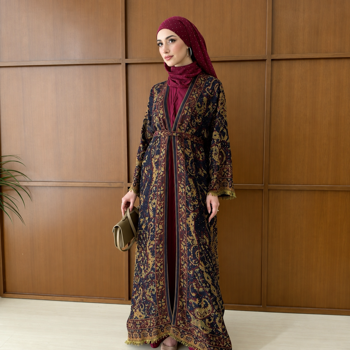 Marwa pashmina abaya in Dramatic, with patterned outer and burgundy pleated inner